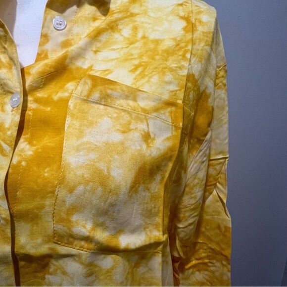 WT Caara yellow and white tie dye Marble button down blouse women's size med - Picture 9 of 10